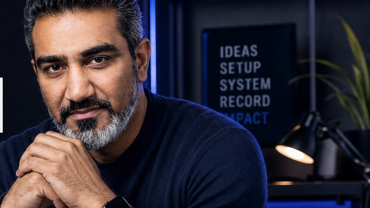 Junaid Ahmed, founder of PodGlue, seated in his podcast studio with hands clasped, lit by blue rim light