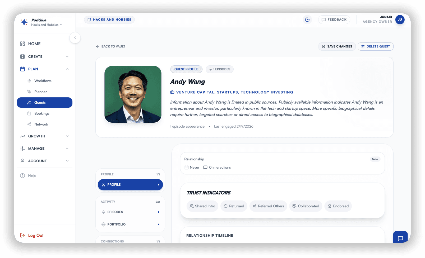 Guest profile with relationship tracking